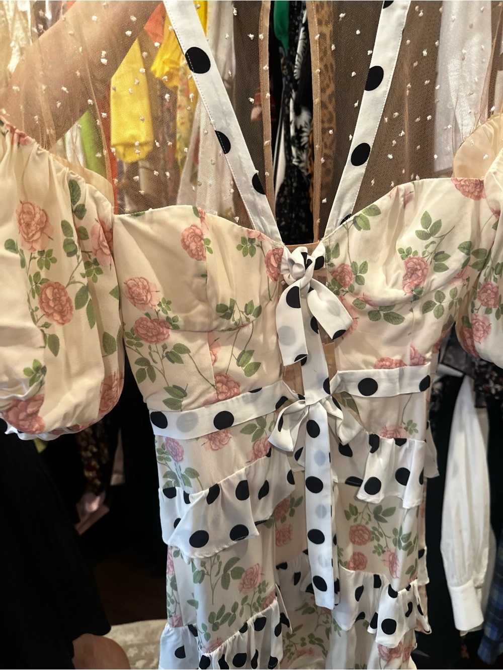 For Love And Lemons Cream Dress with Pink Rose Print and Black Polka Dots